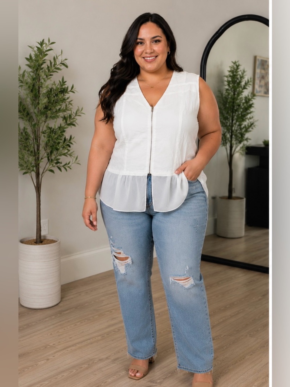 Plus Size White Sleeveless Zip-Front Blouse by Trisha Tyler